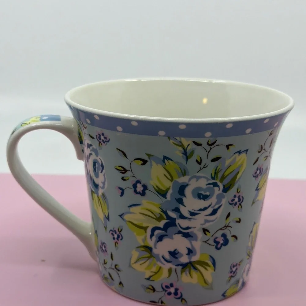 Pier 1 Imports Blue Floral Fine China‎ Mug Polka Dot Rim Shabby Chic